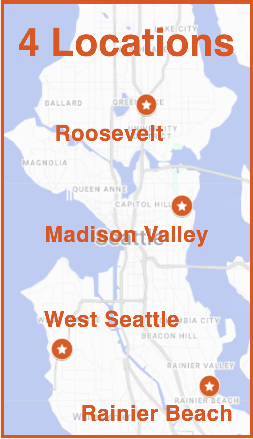 Map of Seattle showing four drill locations: Roosevelt, Madison Valley, West Seattle, and Rainier Beach